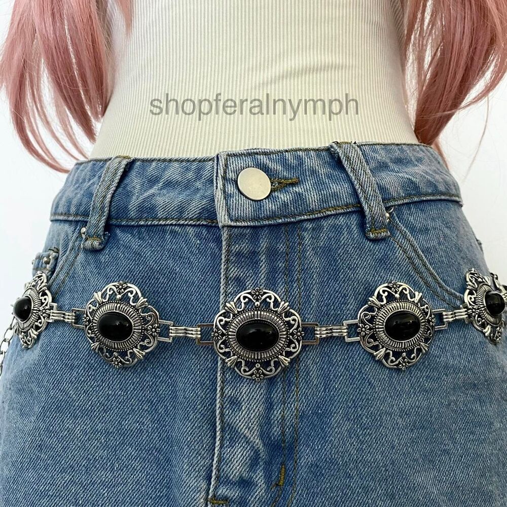 Silver Y2K Western Boho Black Stone Chain Belt, Fits 25-43 Inches, X7GA1528